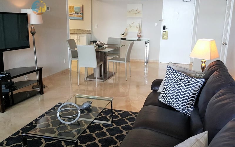 Open-plan living room with black sofa, glass coffee table, dining area with gray chairs, and kitchenette in background